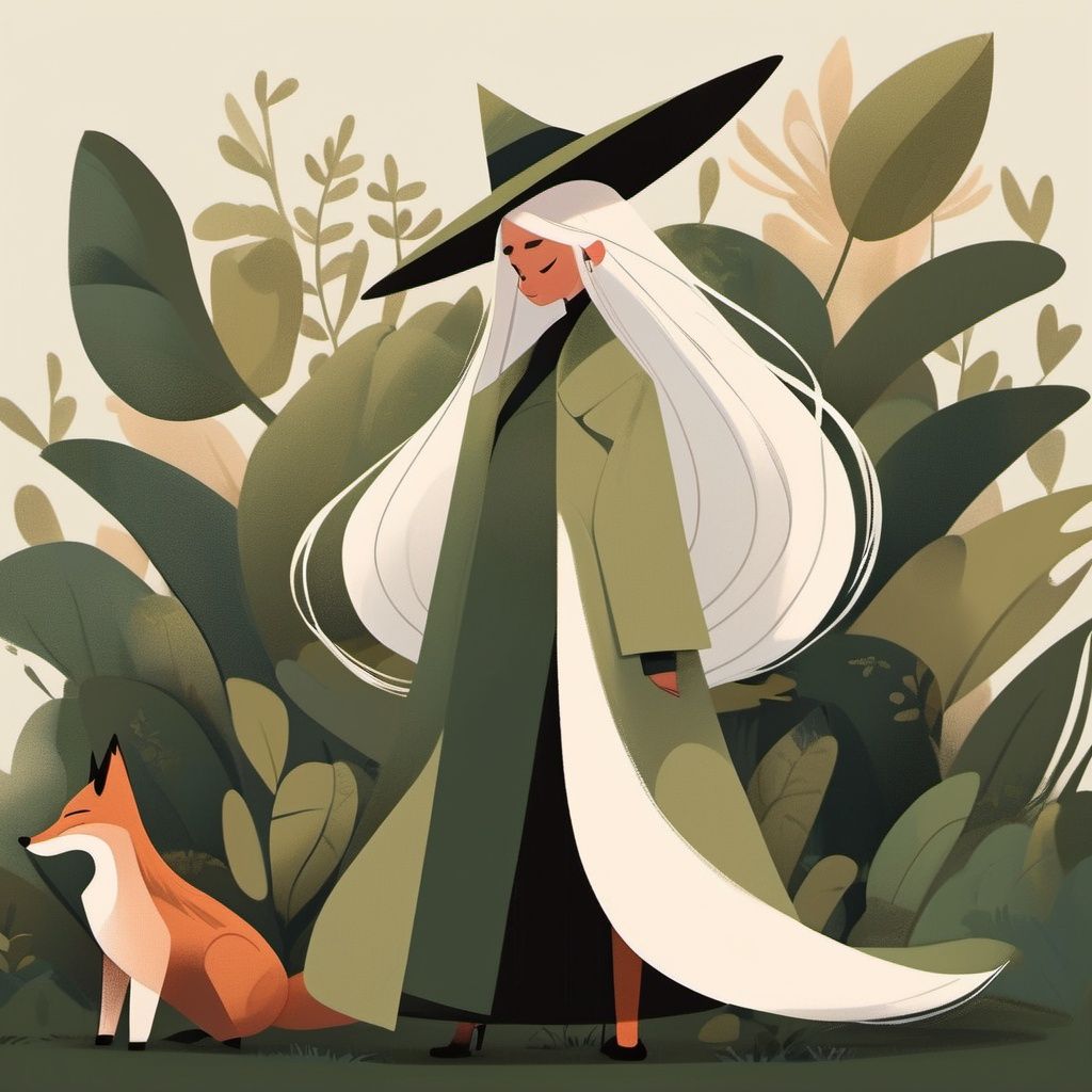 Flat Design, fox, long hair, white hair, hat, closed eyes, long sleeves, standing, green coat, leaf, 1girl, profile, full body, plant, coat, very long hair, black footwear, shadow, black headwear, earrings