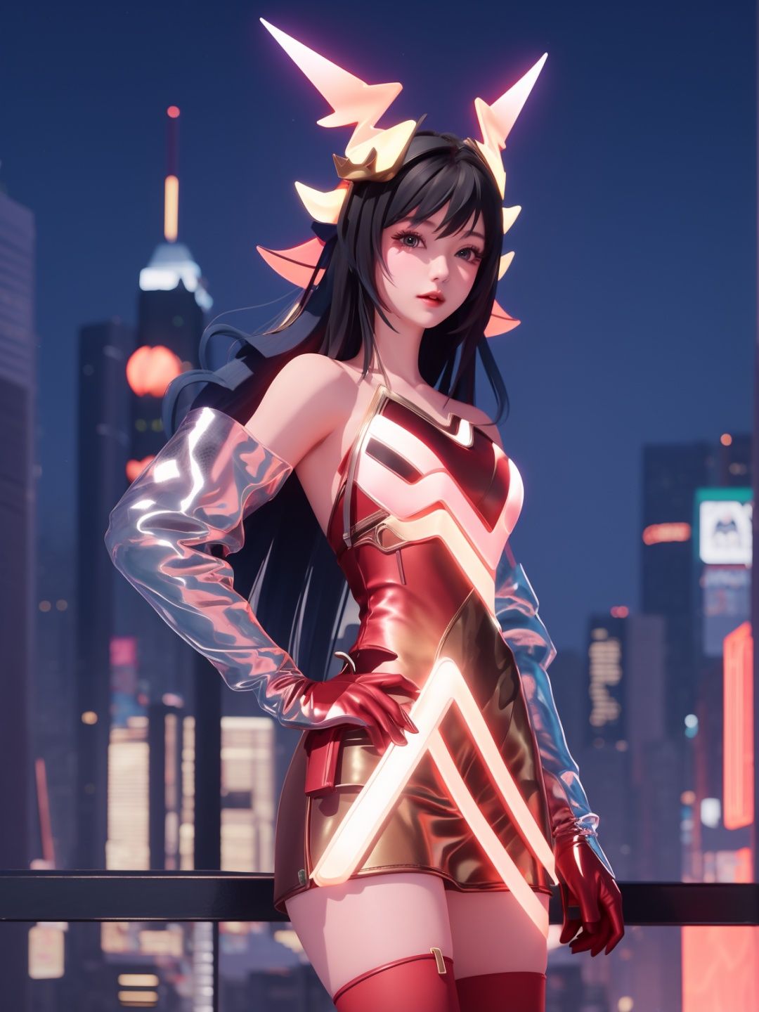 WZRYyaoZWHZ, 1girl, solo, thighhighs, long hair, red gloves, looking at viewer,short dress, bare shoulders,lips, gradient, see-through,cityscape, night, hand on hip, mature female, cowboy shot, animal ears,  <lora:WZRYyaoZWHZii:0.75>,