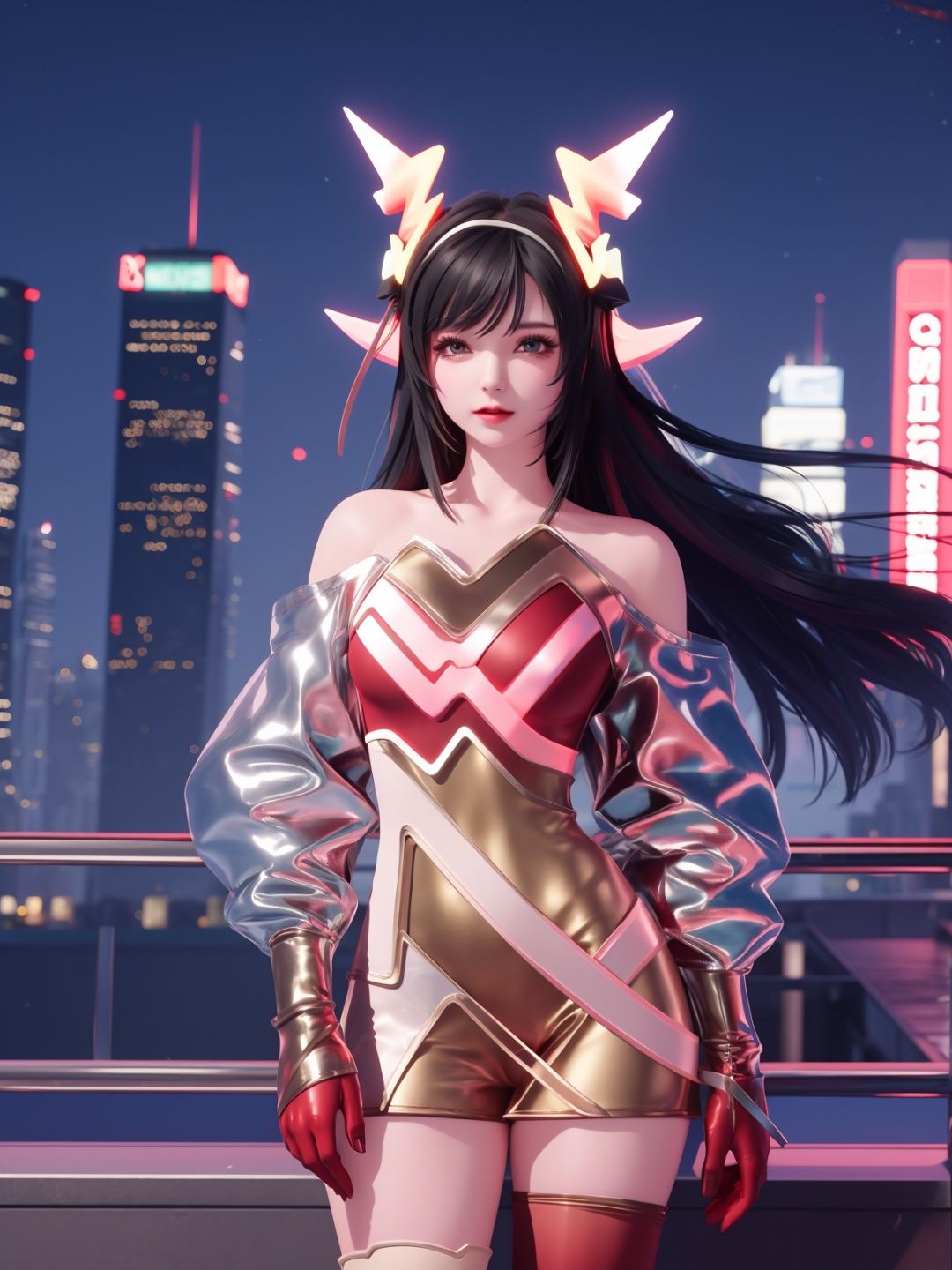 WZRYyaoZWHZ, 1girl, solo, thighhighs, long hair, red gloves, looking at viewer,short dress, bare shoulders,lips, gradient, see-through,cityscape, night, hand on hip, mature female, cowboy shot, animal ears,  <lora:WZRYyaoZWHZii:0.75>,