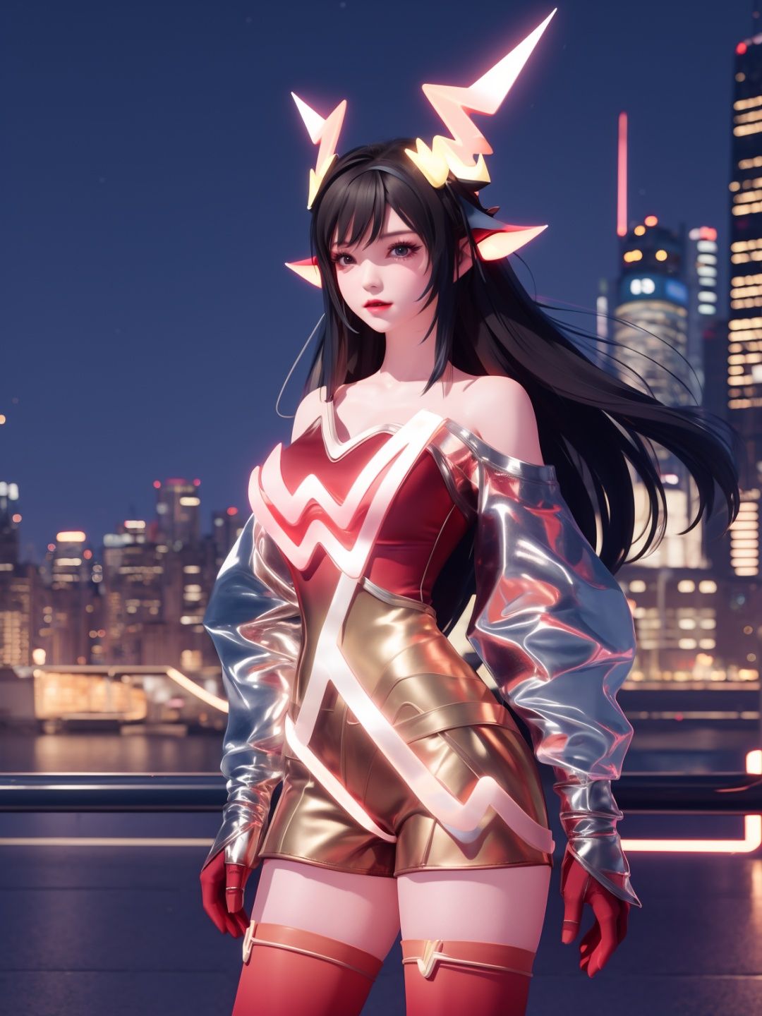 WZRYyaoZWHZ, 1girl, solo, thighhighs, long hair, red gloves, looking at viewer,short dress, bare shoulders,lips, gradient, see-through,cityscape, night, hand on hip, mature female, cowboy shot, animal ears,  <lora:WZRYyaoZWHZii:0.75>,