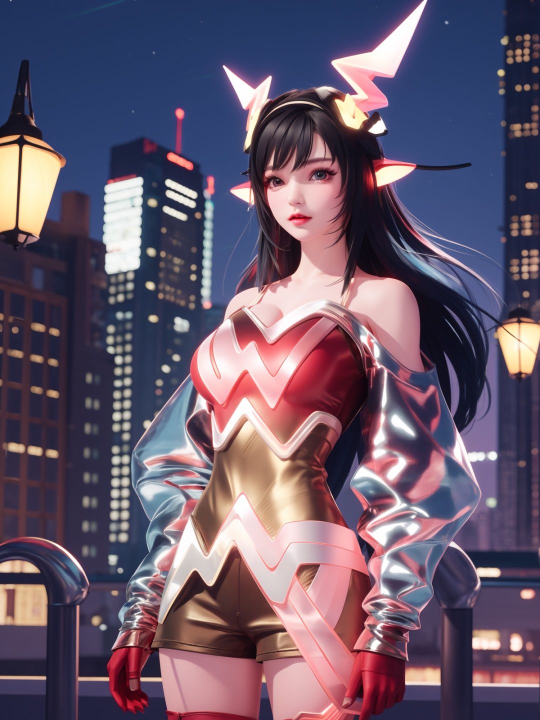 WZRYyaoZWHZ, 1girl, solo, thighhighs, long hair, red gloves, looking at viewer,short dress, bare shoulders,lips, gradient, see-through,cityscape, night, hand on hip, mature female, cowboy shot, animal ears,  <lora:WZRYyaoZWHZii:0.75>,