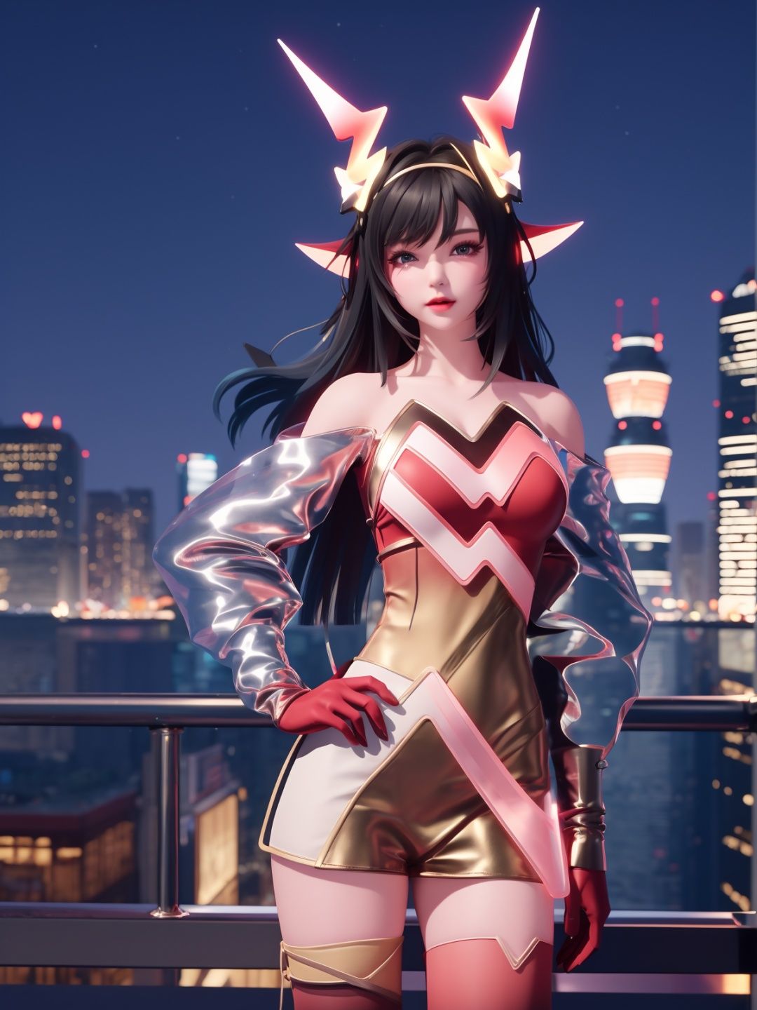 WZRYyaoZWHZ, 1girl, solo, thighhighs, long hair, red gloves, looking at viewer,short dress, bare shoulders,lips, gradient, see-through,cityscape, night, hand on hip, mature female, cowboy shot, animal ears,  <lora:WZRYyaoZWHZii:0.75>,