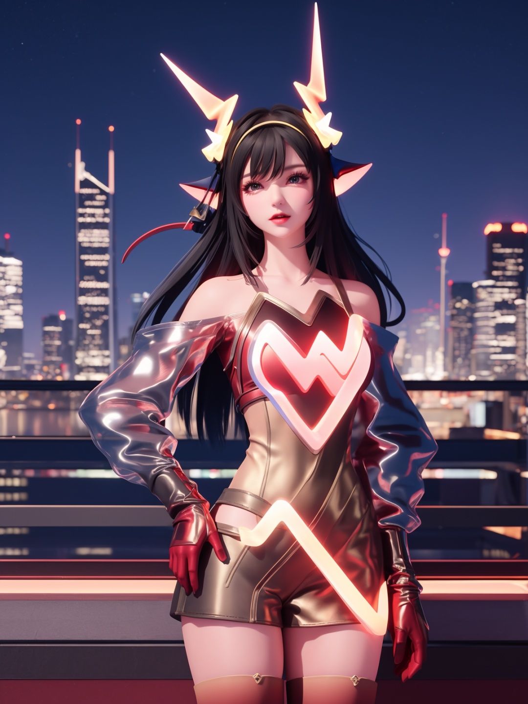 WZRYyaoZWHZ, 1girl, solo, thighhighs, long hair, red gloves, looking at viewer,short dress, bare shoulders,lips, gradient, see-through,cityscape, night, hand on hip, mature female, cowboy shot, animal ears,  <lora:WZRYyaoZWHZii:0.75>,