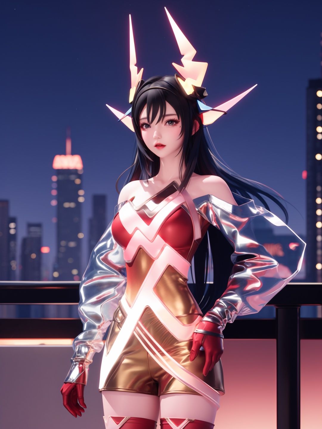 WZRYyaoZWHZ, 1girl, solo, thighhighs, long hair, red gloves, looking at viewer,short dress, bare shoulders,lips, gradient, see-through,cityscape, night, hand on hip, mature female, cowboy shot, animal ears,  <lora:WZRYyaoZWHZii:0.75>,