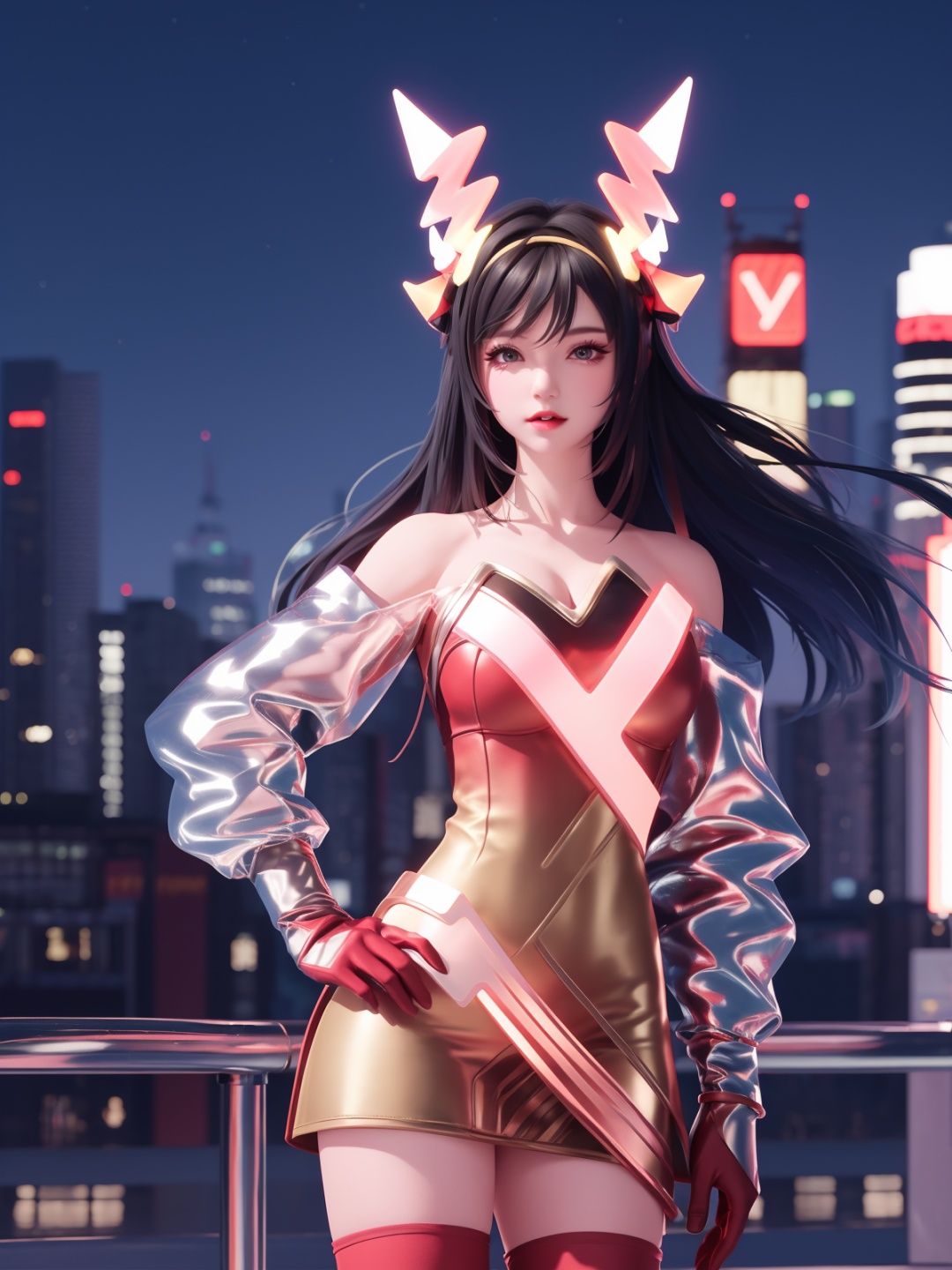 WZRYyaoZWHZ, 1girl, solo, thighhighs, long hair, red gloves, looking at viewer,short dress, bare shoulders,lips, gradient, see-through,cityscape, night, hand on hip, mature female, cowboy shot, animal ears,  <lora:WZRYyaoZWHZii:0.75>,