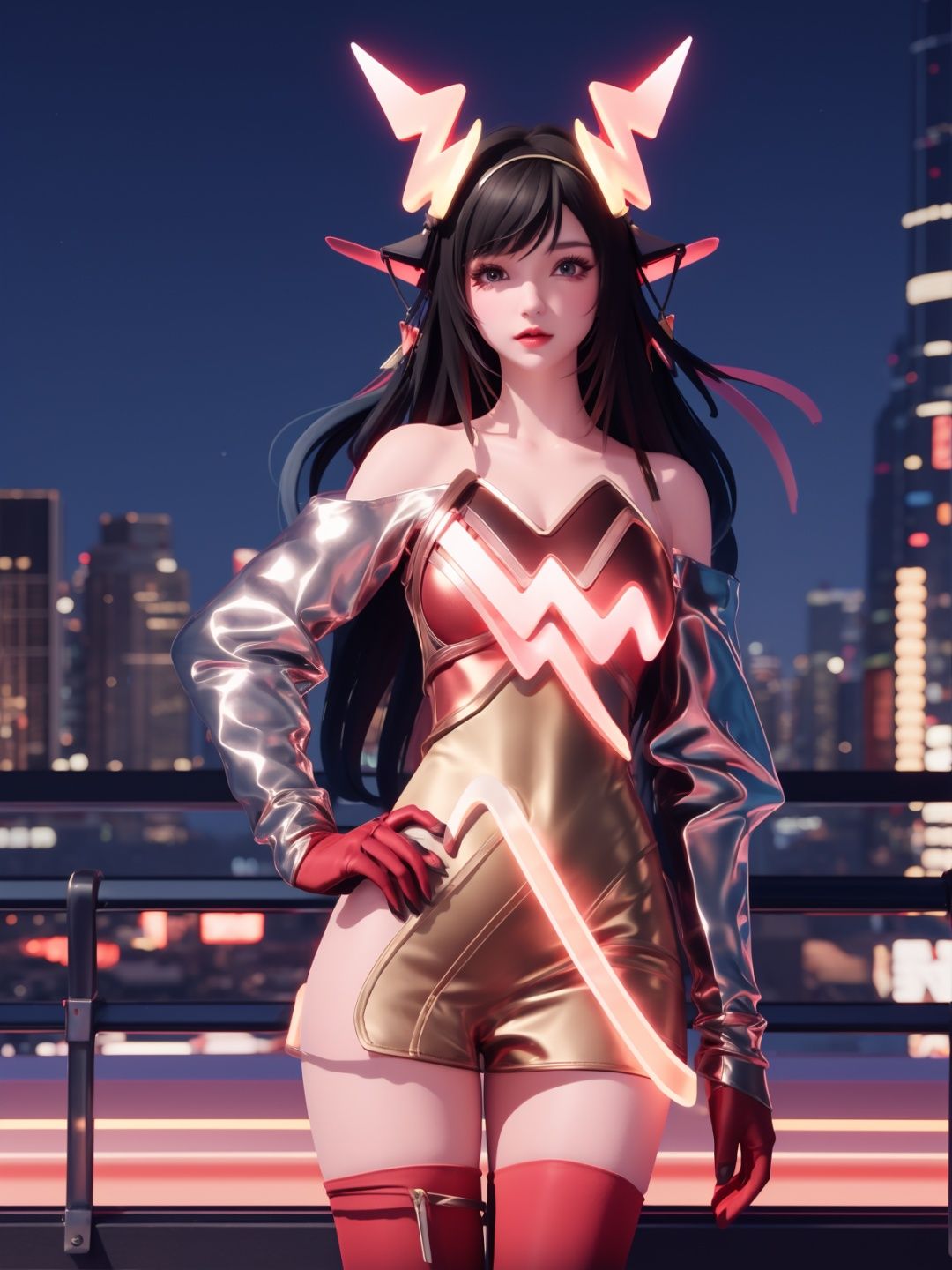 WZRYyaoZWHZ, 1girl, solo, thighhighs, long hair, red gloves, looking at viewer,short dress, bare shoulders,lips, gradient, see-through,cityscape, night, hand on hip, mature female, cowboy shot, animal ears,  <lora:WZRYyaoZWHZii:0.75>,