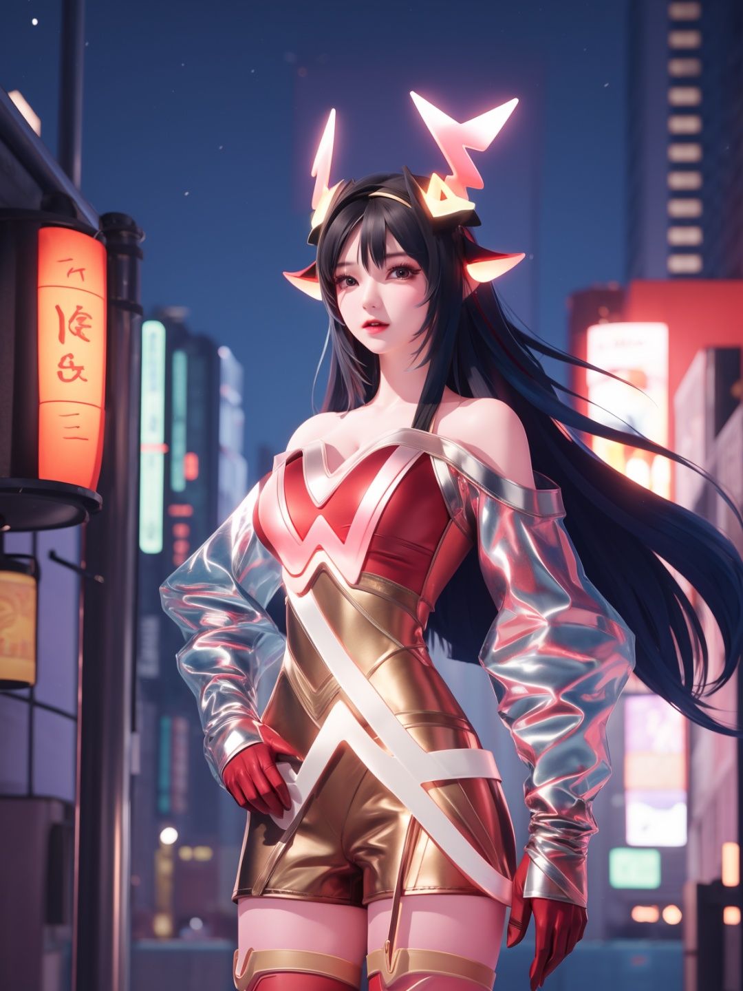 WZRYyaoZWHZ, 1girl, solo, thighhighs, long hair, red gloves, looking at viewer,short dress, bare shoulders,lips, gradient, see-through,cityscape, night, hand on hip, mature female, cowboy shot, animal ears,  <lora:WZRYyaoZWHZii:0.75>,