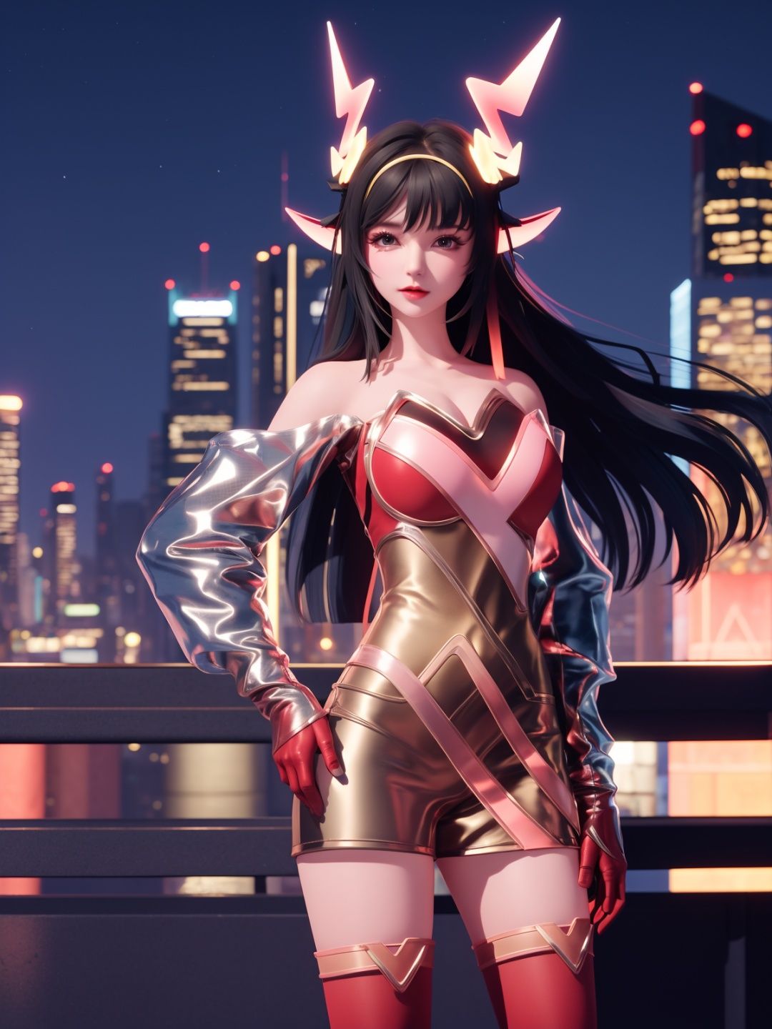 WZRYyaoZWHZ, 1girl, solo, thighhighs, long hair, red gloves, looking at viewer,short dress, bare shoulders,lips, gradient, see-through,cityscape, night, hand on hip, mature female, cowboy shot, animal ears,  <lora:WZRYyaoZWHZii:0.75>,