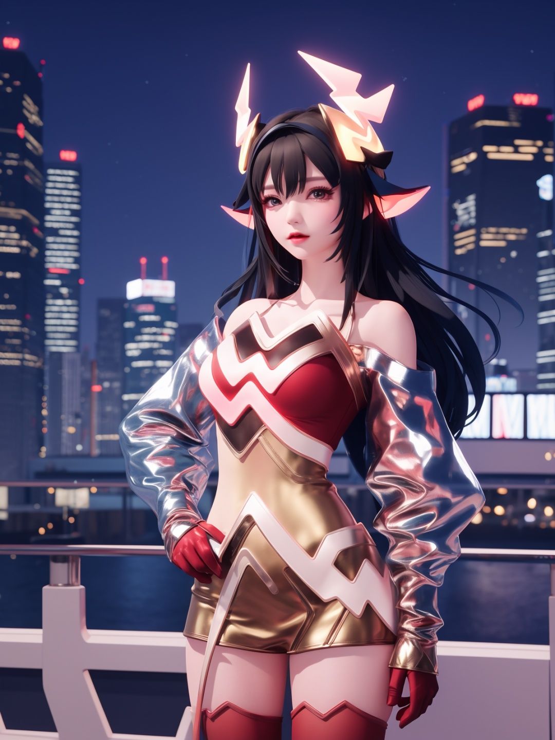 WZRYyaoZWHZ, 1girl, solo, thighhighs, long hair, red gloves, looking at viewer,short dress, bare shoulders,lips, gradient, see-through,cityscape, night, hand on hip, mature female, cowboy shot, animal ears,  <lora:WZRYyaoZWHZii:0.75>,