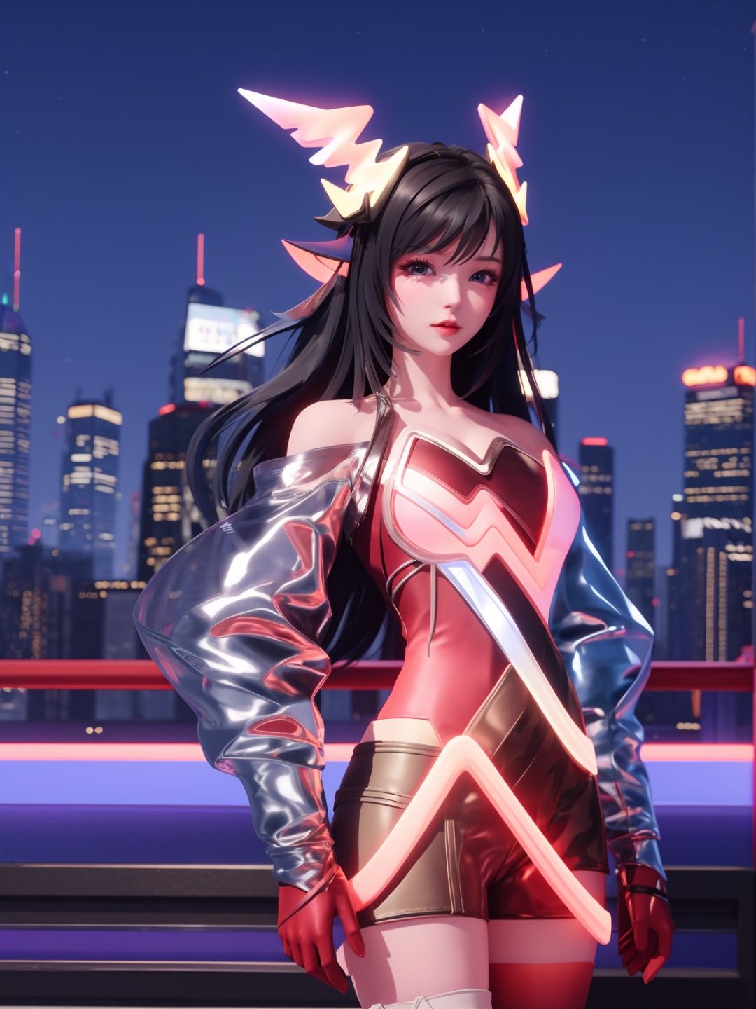 WZRYyaoZWHZ, 1girl, solo, thighhighs, long hair, red gloves, looking at viewer,short dress, bare shoulders,lips, gradient, see-through,cityscape, night, hand on hip, mature female, cowboy shot, animal ears,  <lora:WZRYyaoZWHZii:0.75>,