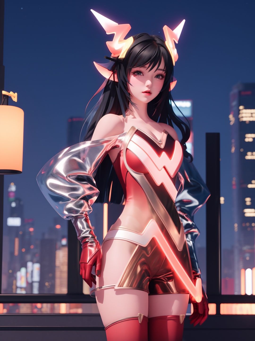 WZRYyaoZWHZ, 1girl, solo, thighhighs, long hair, red gloves, looking at viewer,short dress, bare shoulders,lips, gradient, see-through,cityscape, night, hand on hip, mature female, cowboy shot, animal ears,  <lora:WZRYyaoZWHZii:0.75>,