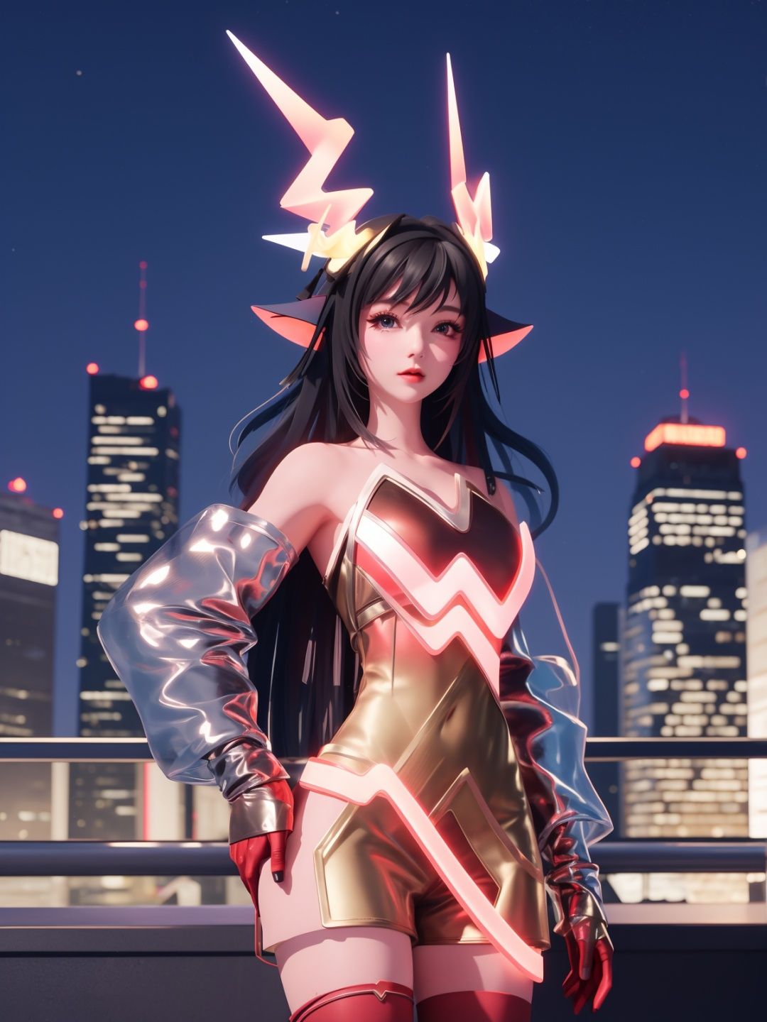 WZRYyaoZWHZ, 1girl, solo, thighhighs, long hair, red gloves, looking at viewer,short dress, bare shoulders,lips, gradient, see-through,cityscape, night, hand on hip, mature female, cowboy shot, animal ears,  <lora:WZRYyaoZWHZii:0.75>,