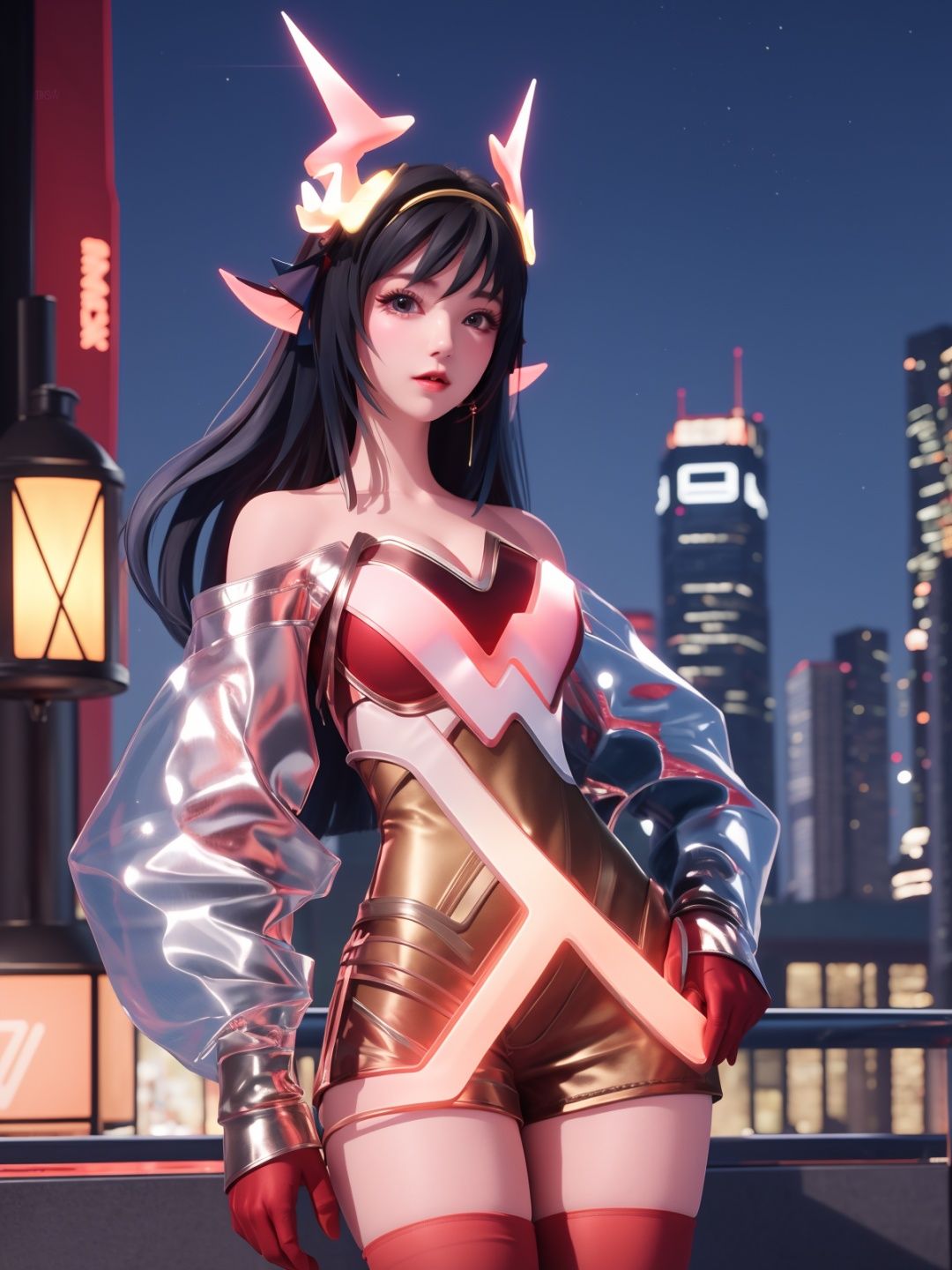 WZRYyaoZWHZ, 1girl, solo, thighhighs, long hair, red gloves, looking at viewer,short dress, bare shoulders,lips, gradient, see-through,cityscape, night, hand on hip, mature female, cowboy shot, animal ears,  <lora:WZRYyaoZWHZii:0.75>,