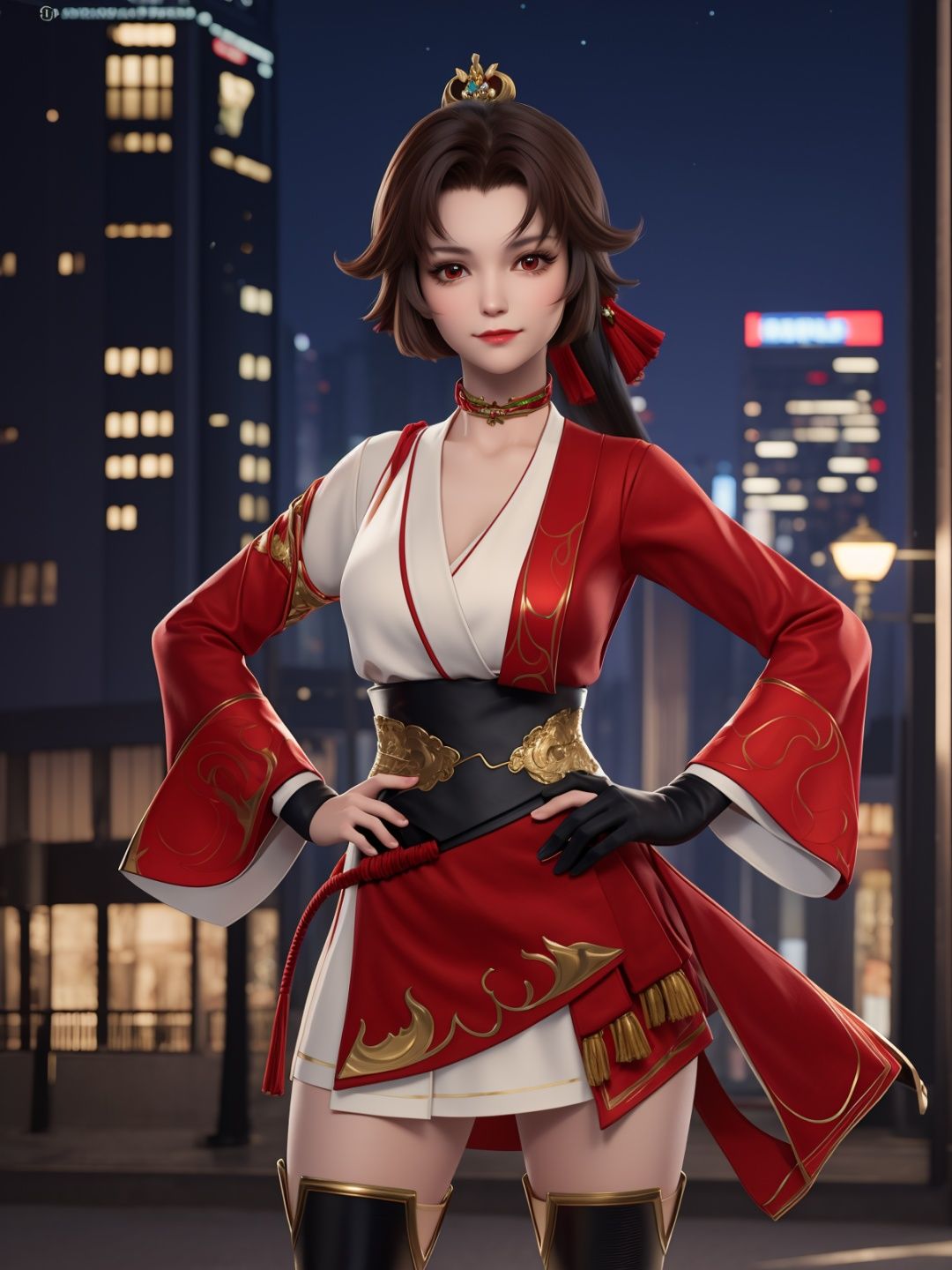 WZRYyunyingYP, 1girl, solo, thigh boots, hair ornament, looking at viewer, red eyes,single glove,sash,red dress,obi,choker,<lora:WZRYyunyingYP:0.75>,cowboy shot, cityscape, night, mature female, hand on hip, 