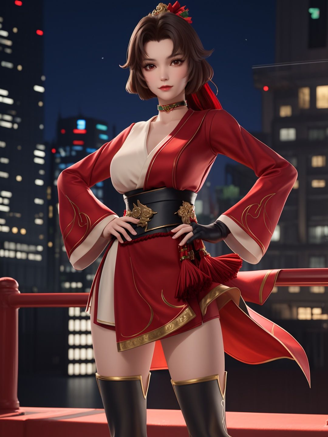 WZRYyunyingYP, 1girl, solo, thigh boots, hair ornament, looking at viewer, red eyes,single glove,sash,red dress,obi,choker,<lora:WZRYyunyingYP:0.75>,cowboy shot, cityscape, night, mature female, hand on hip, 