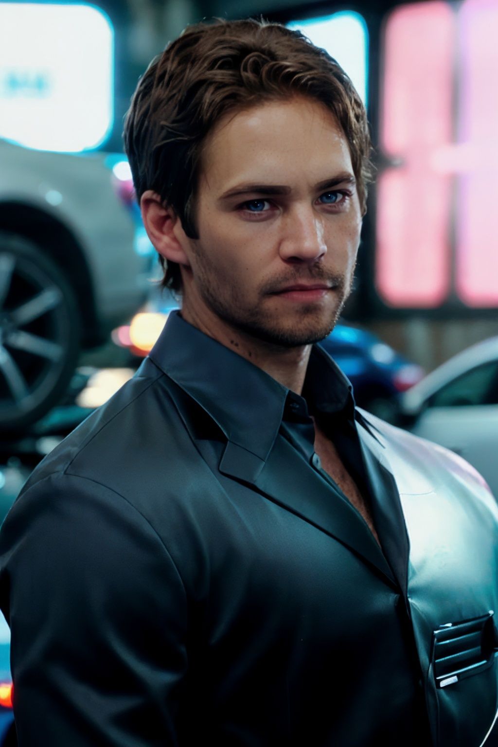 cinematic photo p4ul wearing a mechanic's suit,  in a car repair shop,  blue skyline r34 by Hex4 on Tensor.Art