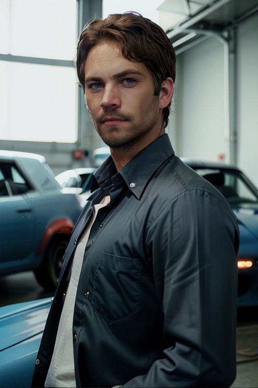 cinematic photo p4ul wearing a mechanic's suit,  in a car repair shop,  blue skyline r34 by Hex4 on Tensor.Art