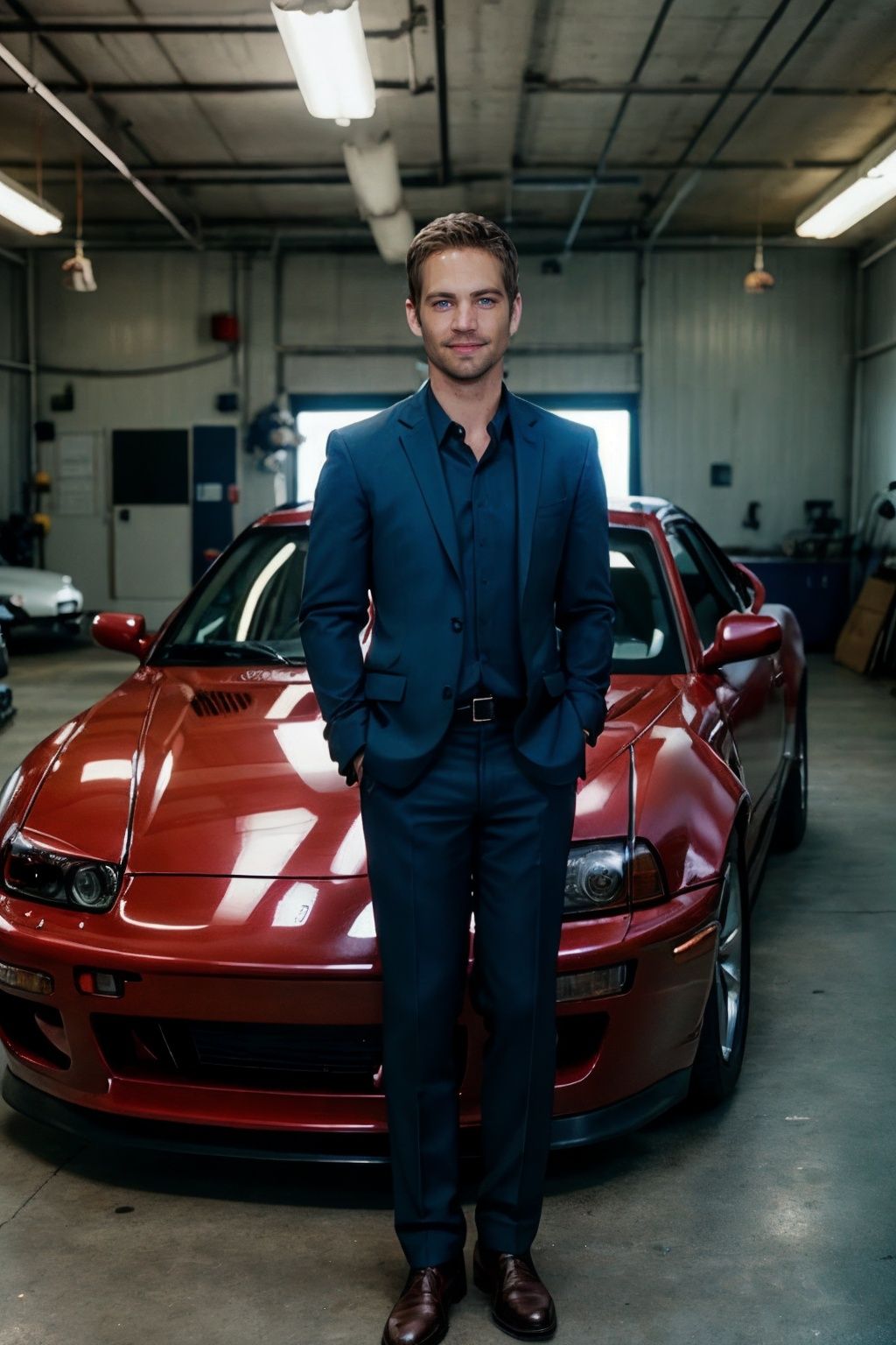 cinematic photo ((Full-Body Shot)),  p4ul wearing a mechanic's suit,  in a car repair shop by Hex4 on Tensor.Art