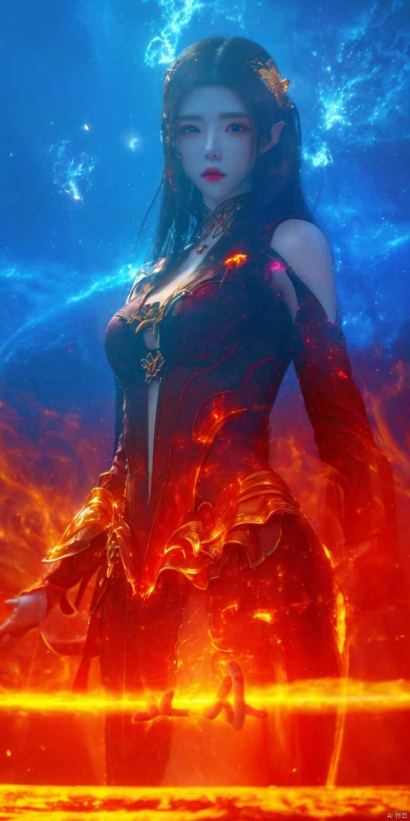  masterpiece, 1 girl, Look at me, Long hair, Flame, A magical scene, glowing, Floating hair, realistic, Nebula, An incredible picture, The magic array behind it, Stand, textured skin, super detail, best quality, ,,dress, , meidusha