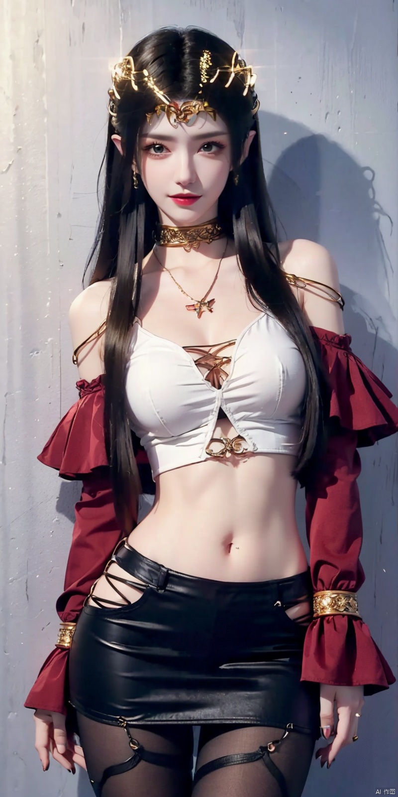  nai3, 1girl, solo, crop top, choker, miniskirt , navel, shirt, midriff, crop top overhang, looking at viewer, white shirt, jewelry, breasts, cowboy shot, bare shoulders, off-shoulder shirt, off shoulder, black choker, thighs, stomach, hand on own thigh, long hair, bracelet, short sleeves, ribbon, hand up, collarbone, hair ribbon, medium breasts, standing, , , bra strap, kind smile, hair ornament, thigh gap, bangs, necklace, expressionless,,blackpantyhose, , Dynamic pose,, , , meidusha
