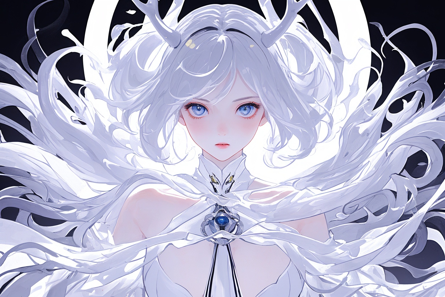  (((masterpiece, best quality))), ((good structure, Good composition, good atomy)), ((clear, original, beautiful)),,1girl,white hair,qingsha,white theme,as, Fluorescent antlers, liuti, yinyou