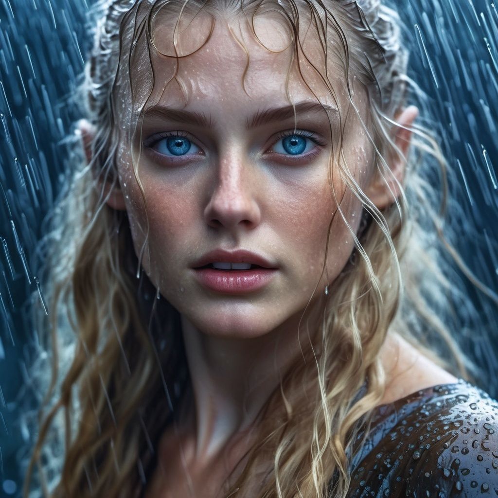 blond haired girl with blue eyes and long hair in the rain,  wet body,  wet skin on Tensor.Art