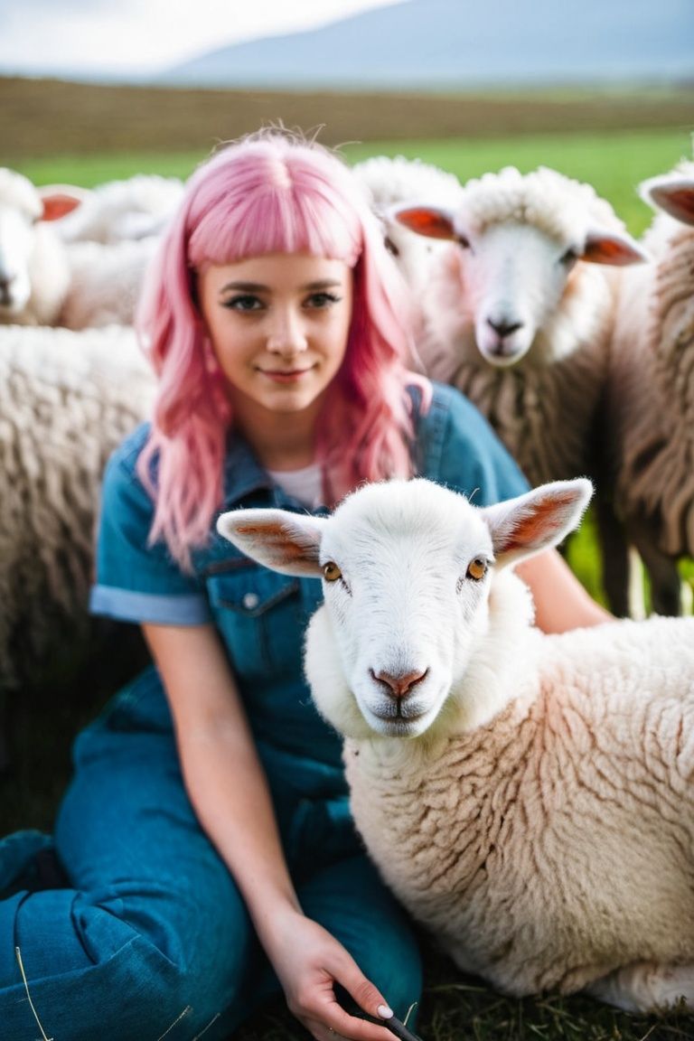 Young girl with pink hair sitting near the sheep on Tensor.Art