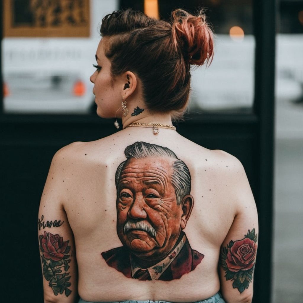 A girl seen from behind,  with a color tattoo of a chubby old man on Tensor.Art