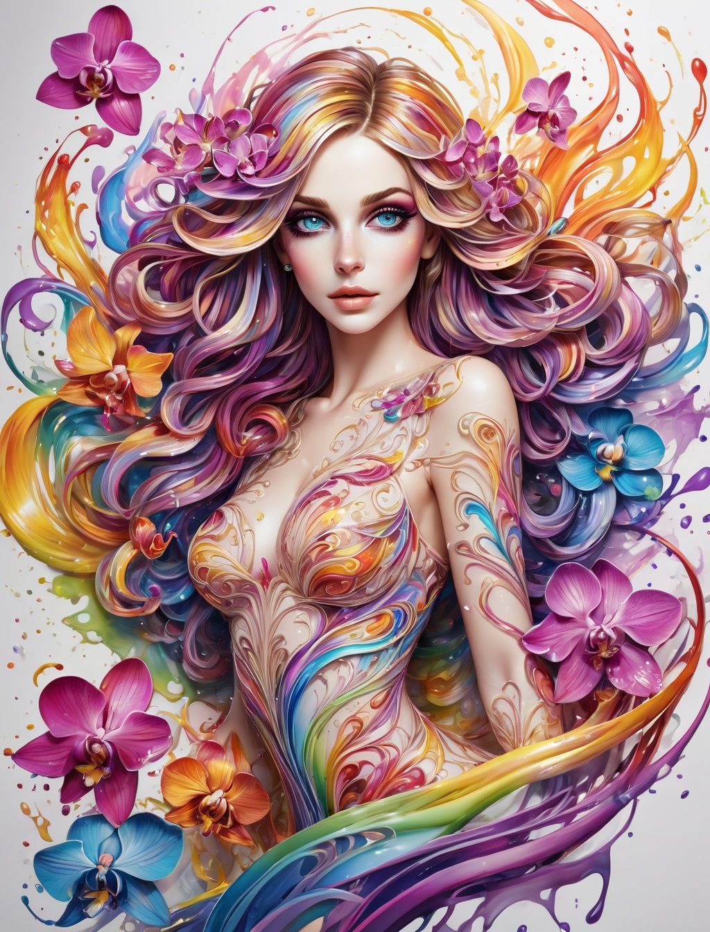 thin and thick color lines stroke,  ink splash art,  1 liquid luminous lady made of colors on Tensor.Art