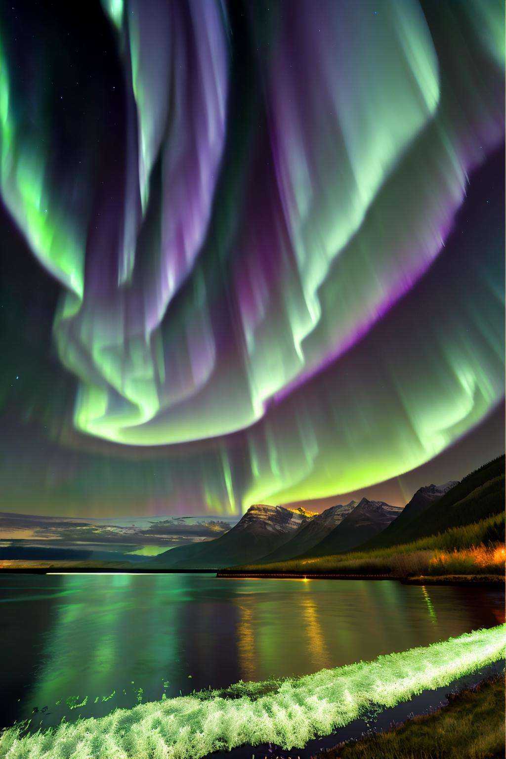 Mesmerizing aurora borealis dancing in the night sky,  landscape:0.7,  celestial beauty:0.6 on Tensor.Art