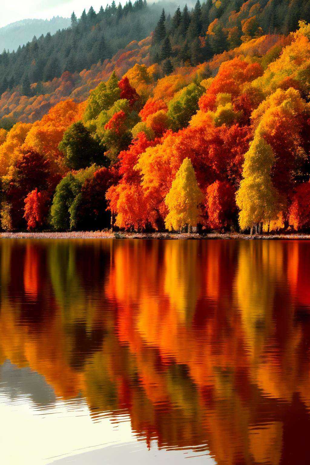 Serene lake surrounded by autumn foliage,  landscape:0.6,  fall colors:0.7 on Tensor.Art