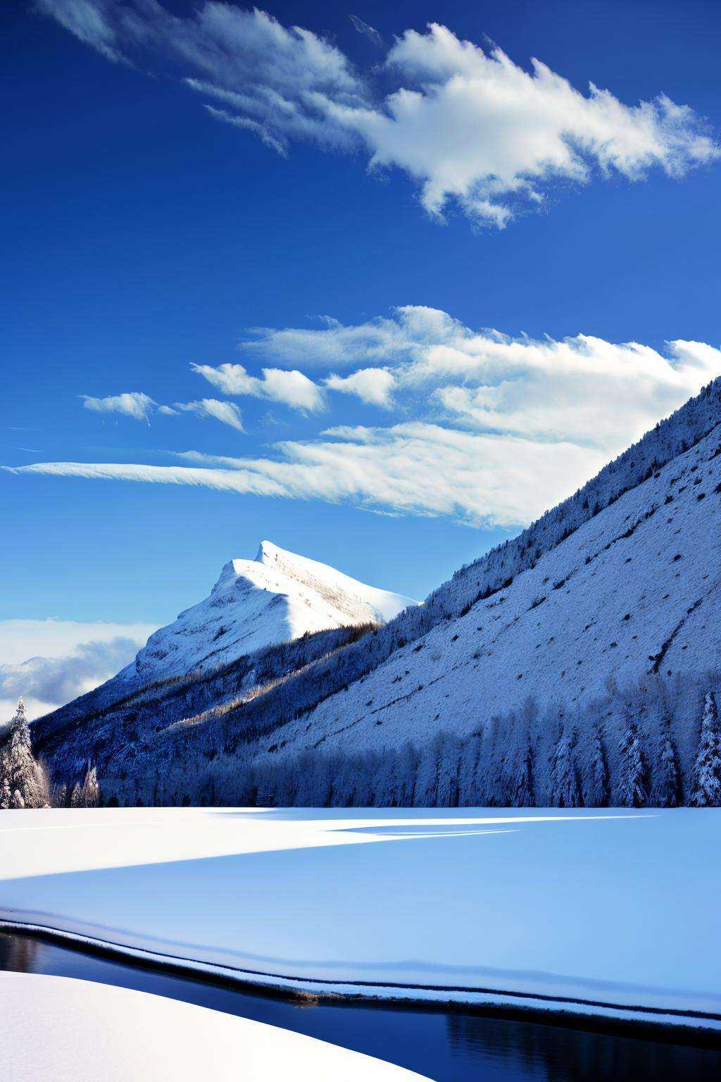 Snow-covered mountain peaks against a blue sky,  landscape:0.7,  winter beauty:0.6 on Tensor.Art