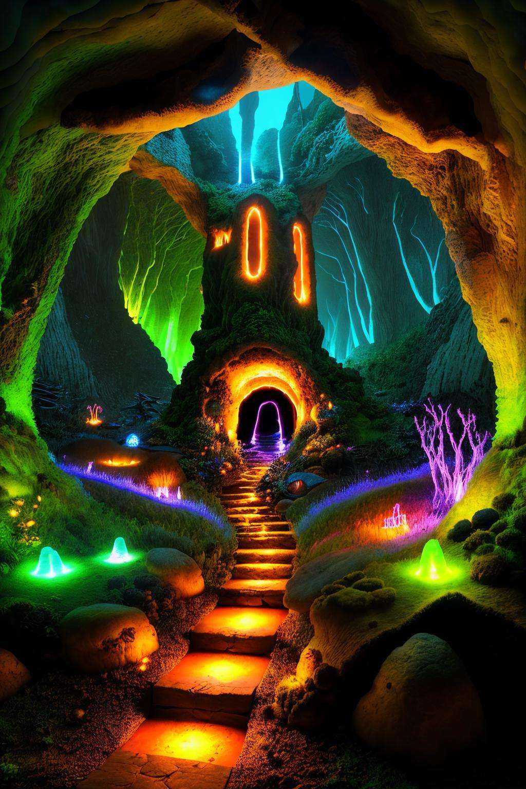 Enigmatic cave illuminated by bioluminescent fungi,  landscape:0.6,  fantasy:0.7 on Tensor.Art