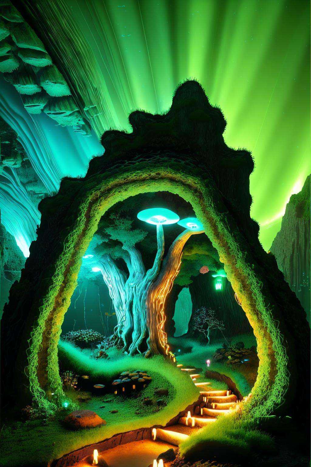 Enigmatic cave illuminated by bioluminescent fungi,  landscape:0.6,  fantasy:0.7 on Tensor.Art
