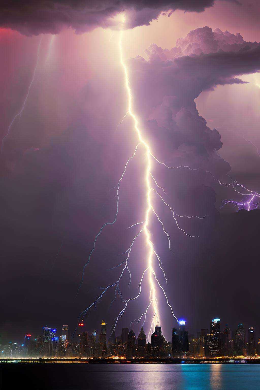 Energetic lightning storm over a city skyline,  urban:0.6,  dramatic weather:0.7 on Tensor.Art