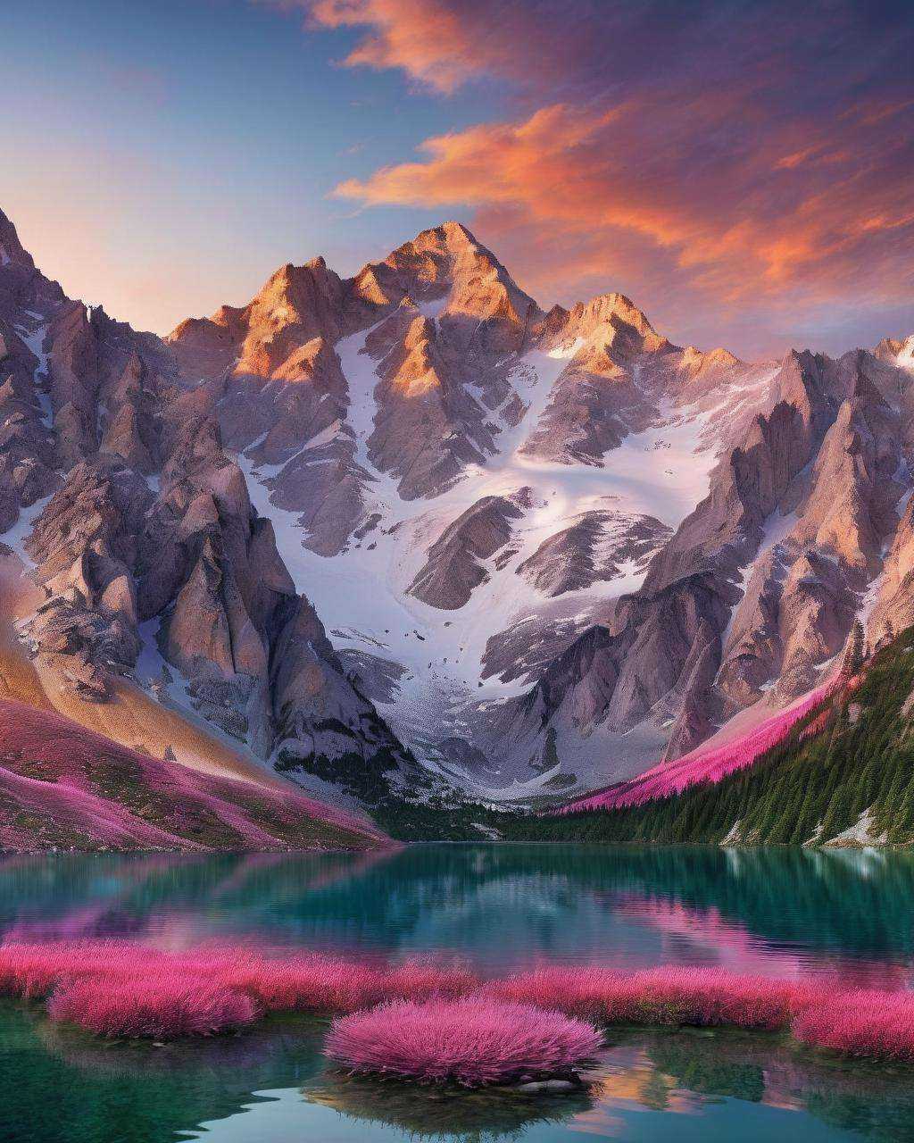 Majestic mountains towering above a pristine alpine lake,  bathed in the warm hues of a sunrise:0.8,  tranquil and awe-ins...