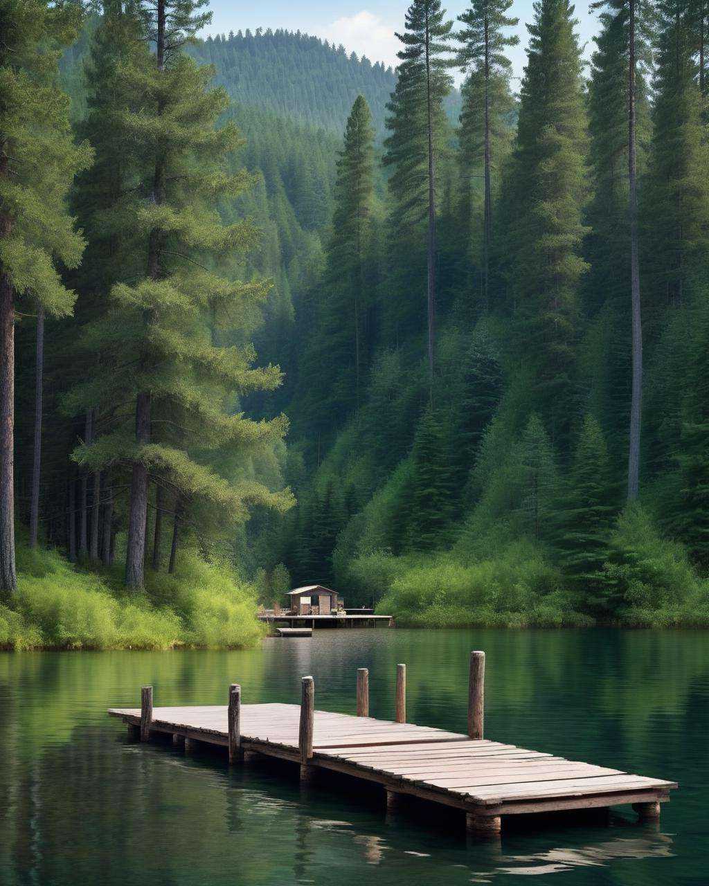 A tranquil lakeside scene with a rustic wooden dock extending into the water,  surrounded by tall pine trees:0.8,  an embo...