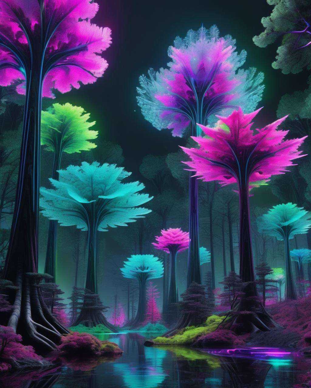 A digital forest of neon trees and fractal foliage,  each element pulsating with electronic life,  offering a sense of imm...