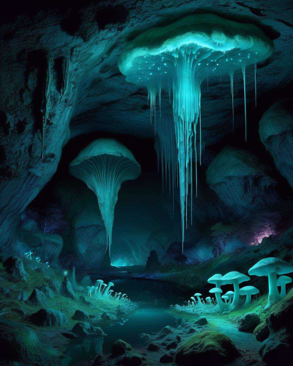 Enigmatic cave illuminated by bioluminescent fungi,  landscape:0.6,  fantasy:0.7 on Tensor.Art