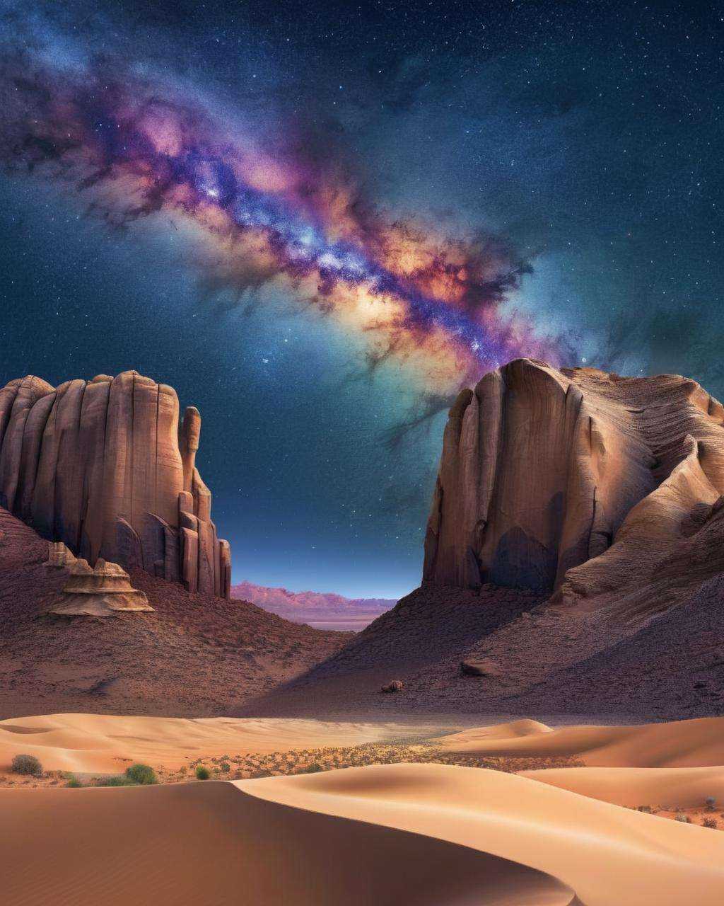 A remote,  starlit desert expanse with towering rock formations,  the Milky Way arching across the sky:0.8 on Tensor.Art