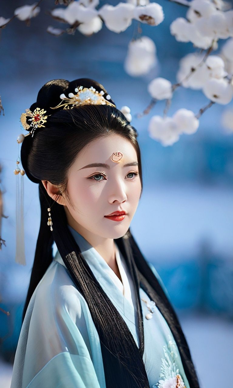 cinematic photo xsfantasy,oriental fantasy,asian,chinese,a 18 years old cute Chinese girl with thin face wearing hanfu,In the enchanting style of 90s Cinematic photography,capture the beauty of a Chinese girl::4 gracefully adorned in a Hanfu attire amidst a winter wonderland. Against a backdrop of a snow-covered landscape,she stands as if emerging from a dream,her flowing blue gown glistening like transparent ice. The soft moonlight illuminates the scene,while a gentle haze of smoke envelopes the air,creating an ethereal and mystical atmosphere. The composition::1 emphasizes the delicate intricacies of her Hanfu and the contrast with the snowy surroundings. The cool blue tones of her dress harmonize with the moonlit ambiance and the soft veil of smoke,resulting in a captivating and otherworldly image. Panaflex Platinum,35mm focal length,f/2.5 aperture,ISO 400,shutter speed 1/100. . 35mm photograph,film,bokeh,professional,4k,highly detailed,
