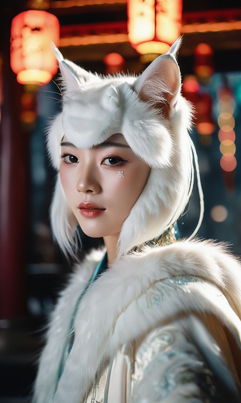 cinematic photo oriental fantasy,chinese humanoid monster,1girl,Cinematic movie still,capturing the ethereal beauty of a delicate white cat spirit,alluring charm,shape-shifting abilities. Professional photo,enchanting lighting . 35mm photograph,film,professional,4k,highly detailed . 35mm photograph,film,bokeh,professional,4k,highly detailed,