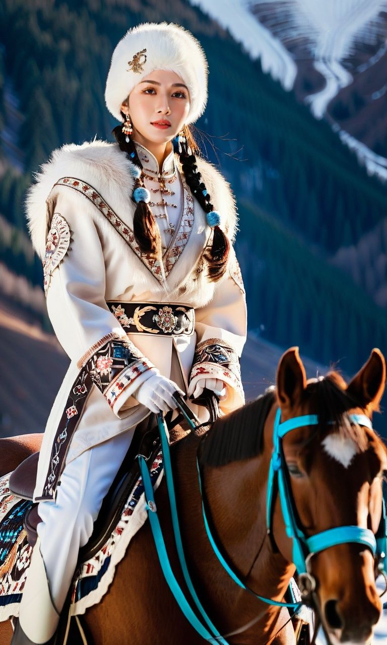 oriental fantasy,1girl,wearing a zangfu clothes,big breast,super cute,riding a horse,horseback riding,strong horse,winter,outdoors,white coat,((masterpiece)),((best quality)),8k,high detailed,ultra-detailed,