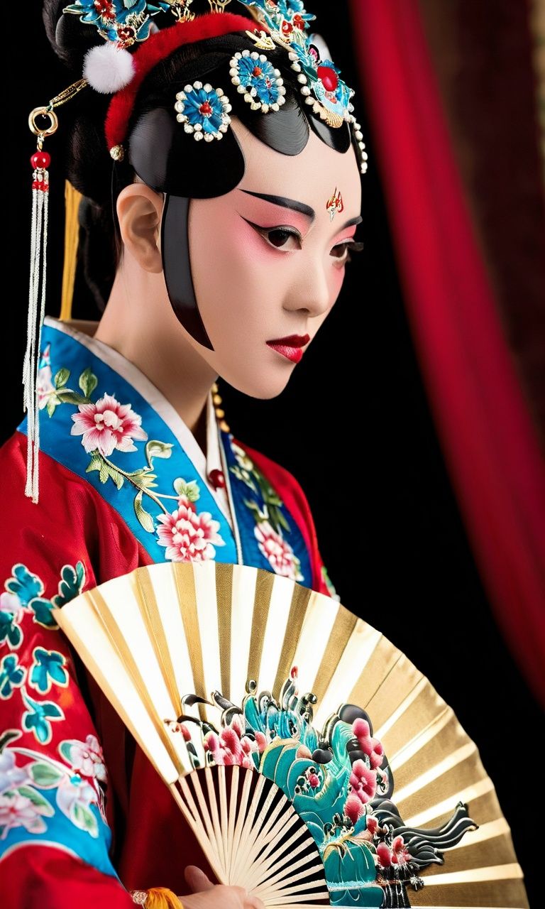 oriental fantasy,Evoking the essence of a Chinese opera,a girl::2 stands in front of a traditional stage,wearing chinese opera costume,her painted face displaying a complex range of emotions. She clutches a silk fan,her eyes reflecting determination and vulnerability. The scene captures the theatricality and depth of her character as she prepares to step onto the stage. Aaton XTR,f/2.2 aperture,ISO 400,shutter speed 1/200.,