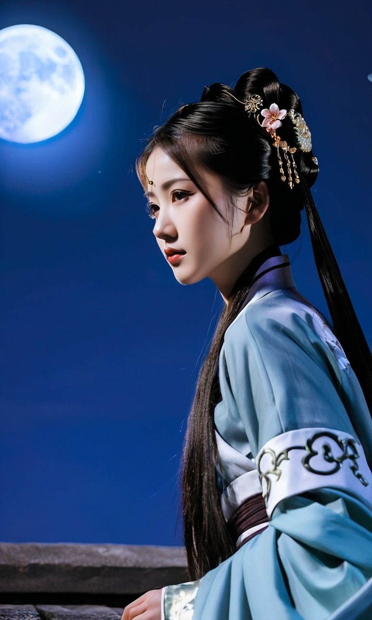 oriental fantasy,close-up photograph of a cute girl::2,aged 16-18,hanfu,jin,jin clothes,portraying a mysterious assassin perched atop an ancient rooftop. Her calculating gaze and poised posture hint at her deadly skills,while the moonlit background adds an air of intrigue. Cool blue tones,moonlit night,enigmatic mood,calculated demeanor.,((masterpiece)),((best quality)),8k,high detailed,ultra-detailed,