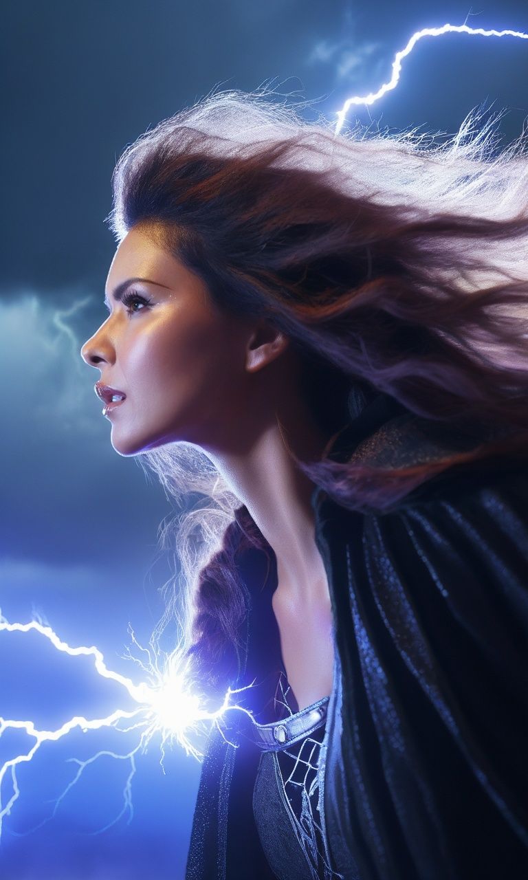 realistic and detailed Witch woman with super detailed,amazing and magical supernatural vented electric hair,the body covered by lightning,supranatural style,realistic style,infinite ultra high definition image quality and rendering,infinite image detail,infinite realistic render,infinite realistic lightning,infinite special effect,
