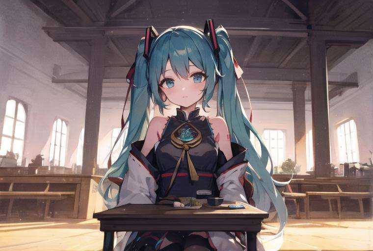 masterpiece, best quality, 1girl, tohou, long hair, looking at viewer, green_hair, hatsune miku,  side, seat, miko, blue eyes, 
