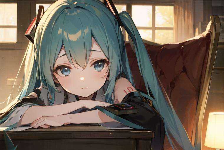 masterpiece, best quality, 1girl, tohou, long hair, looking at viewer, green_hair, hatsune miku,  side, seat, miko, blue eyes, 