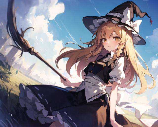 masterpiece, best quality, 1girl, tohou,  long hair, kirisame marisa,  blonde hair, sky, touhou, fantasy, witch hat, 