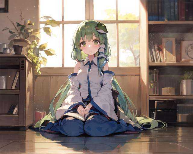 masterpiece, best quality, 1girl, tohou, long hair, kochiya sanae, green hair, 